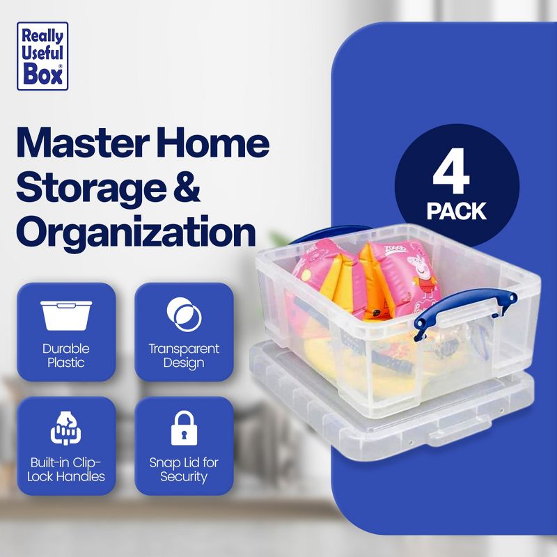 Really Useful Box 17 Liter Plastic Stackable Storage Container w/ Snap Lid & Built-In Clip Lock Handles for Home & Office Organization, Clear (4 Pack), 4 of 7