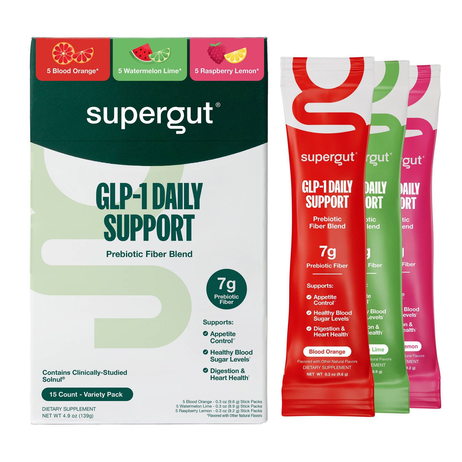 Supergut GLP-1 Daily Support Prebiotic Fiber Powder Stick Packs - Variety Pack - 15ct