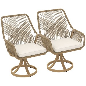 Outsunny Outdoor Patio Swivel Chairs Set of 2, Rattan Patio Dining Chairs with Soft Cushions and Metal Frame for Backyard, Lawn, Porch, Garden, Khaki - 1 of 4