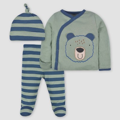 Image of Gerber Baby Boys' 3pc Bear Top and Bottom Set - Navy Blue/Forest Green Newborn
