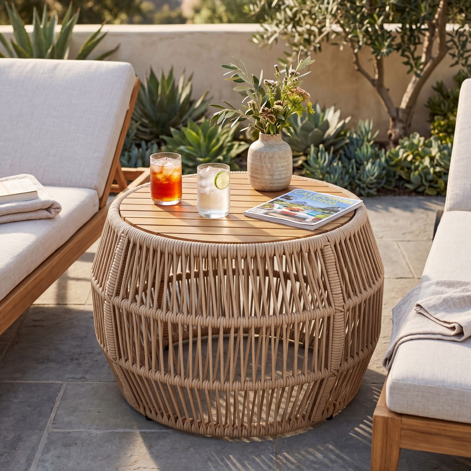 27.56"W Round Side Table with Woven Rope Base, Acacia Wood Outdoor Accent Table, Weather-Resistant Patio End Table, Teak - ModernLuxe