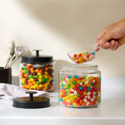 Clear Glass Round Kitchen Canister Set with Black Lids, 50 oz, Set of 2