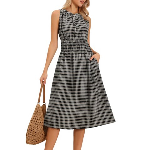 Женские платья INSPIRE CHIC Women's Sleeveless Plaid Crew Neck Smocked Waist A-Line Midi Dress Small Black