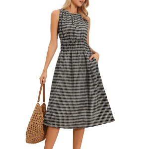 INSPIRE CHIC Women's Sleeveless Plaid Crew Neck Smocked Waist A-Line Midi Dress - 1 of 4