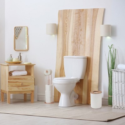 Compact White and Bamboo Bathroom Trash Can with Removable Lid