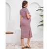 Maternity Dress Women Short Sleeve Button Split Hem Striped Tunic Dress - 4 of 4