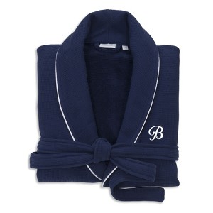 Linum Home Textiles Hotel 100% Turkish Cotton Waffle Terry Personalized Navy Bathrobe with Satin Piped Trim in White Script Font - 1 of 1