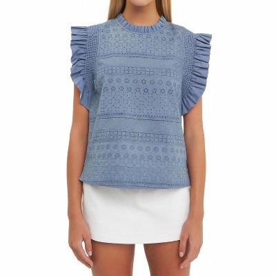Women's Ruffle Sleeve Embroidered Cotton Top - 2.7 AUGUST APPAREL
