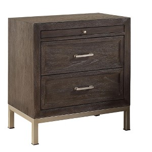 Vynxaria Nightstand - Walnut Brown Finish, Mindi Veneers, Champagne Metal Base/Hardware, Pull-Out Shelf, Picture Frame Drawer Fronts - 1 of 4