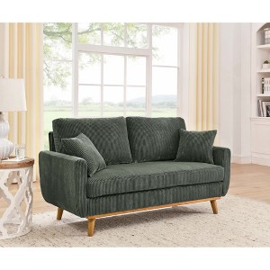 2-Seater Corduroy Mid-Century Sofa with Flared Arms, Solid Wood Frame and 2 Throw Pillows for Apartment or Small Living Room - 1 of 4