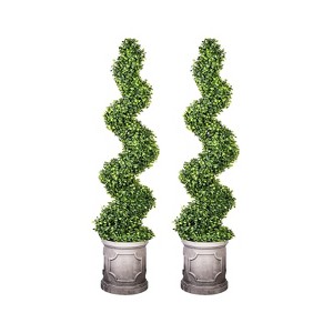 Hykolity Artificial Spiral Boxwood Topiary Tree, 3FT 4FT with Classical White Planter, Evergreen Faux Trees, Indoor Outdoor Porch Home Decor, 2-Pack - 1 of 4