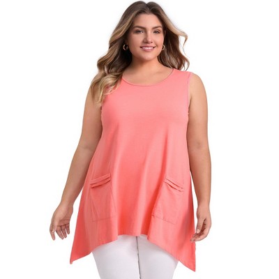 GRACE & GRANDEUR Women's Plus Size Scoop Neck Sleeveless Asymmetrical Hem with Pockets Tank Tops
