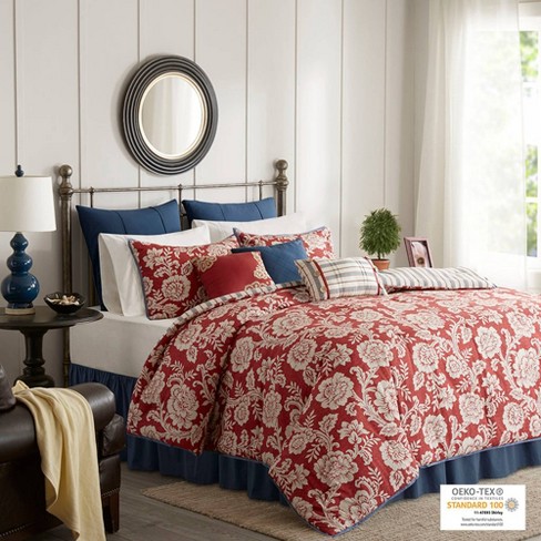 Red Rose Cotton Twill Comforter Set, California King Bed In A Bag With Curtains