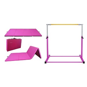 BalanceFrom Fitness 120 x 48 Inch All Purpose Folding Gymnastics Exercise Mat and Adjustable Folding Steel Gymnastics Bar for Ages 3 & Up Set, Pink - 1 of 4