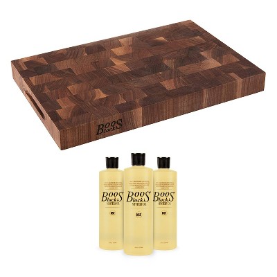 John Boos Walnut Wood Edge Grain Reversible Kitchen Countertop Butcher 18 x 12 Inches Cutting Board and 3 Piece Maintenance Oil Set