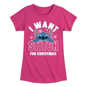 Girls' - Lilo and Stitch - I Want A Stitch For Christmas Fitted Short Sleeve Graphic T-Shirt - 1 of 4