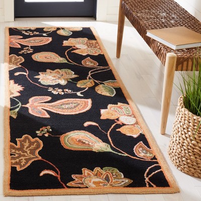 Hand-Knotted Black Floral Wool Rectangular Rug
