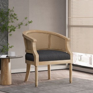 French Country Accent Chair, Upholstered Armchair with Rattan Backrest, Rubber Wood Frame – Cuddlewood - 1 of 4