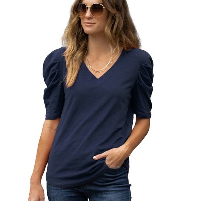 Amaryllis Women's V-Neck Puff Sleeve Tee with Gathered Shoulder Detail Relaxed Fit  Stretch Fabric