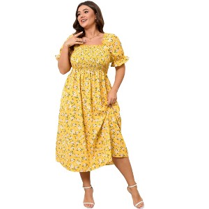 Womens Puff Sleeve Summer Floral Dress Plus Size Smocked Ruffle Square Neck Casual Dress Cute Midi Dress Yellow Flower 2XL - 1 of 4