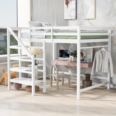 Full Size Loft Bed With Staircase And Safety Guardrails White ...