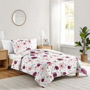 Sweet Jojo Designs Girl Twin Comforter Bedding Set Watercolor Floral Pink White and Green 2pc - 1 of 4
