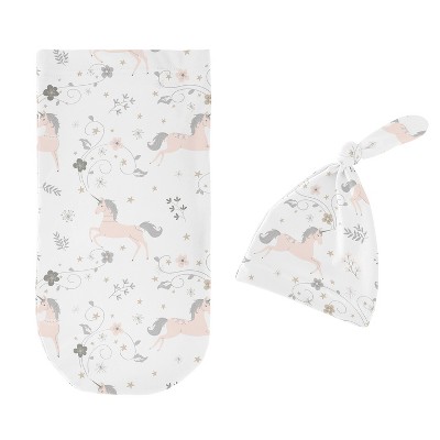 Image of Sweet Jojo Designs Girl Baby Cocoon and Beanie Hat Swaddle Wrap Unicorn Blush Pink, Grey, Gold and White 2pc
