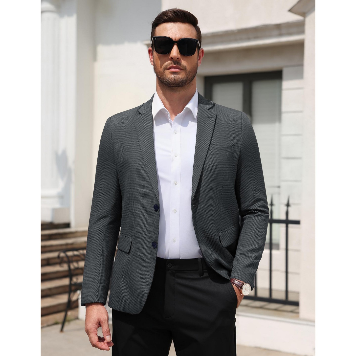 Мужской пиджак COOFANDY Regular Fit Notched Collared Houndstooth Print Blazer Light Gray-Black, цвет: Светлый серый — фото 2