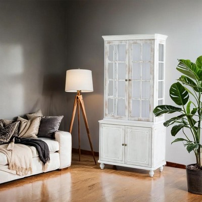 JUJABU 77.5" White-Washed Vintage Hutch Display Cabinet with Glass Doors, for Decor, Collectibles & Storage