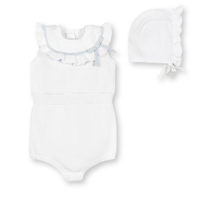 Hope & Henry Layette Baby Girl Organic Sleeveless Ruffle Sweater Romper and Bonnet 2-Piece Set, Infant