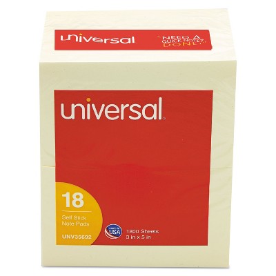 UNIVERSAL Standard Self-Stick Notes 3 x 5 Yellow 100-Sheet 18/Pack 35692