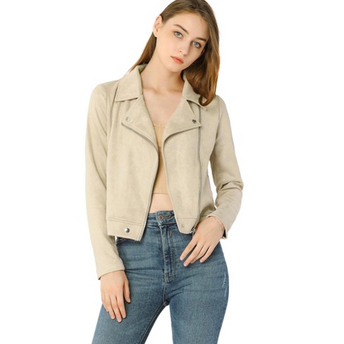 Allegra K Women's Convertible Collar Zip Up Soft Faux Suede Biker Moto  Jacket Beige X-small : Target