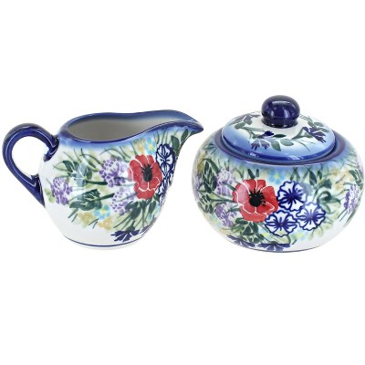 Blue Rose Polish Pottery Summer Garden Sugar Bowl & Creamer Set