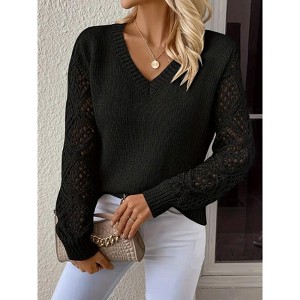 Womens Sweater Tops V Neck Hollow Long Sleeve Knit Pullover Top - 1 of 4
