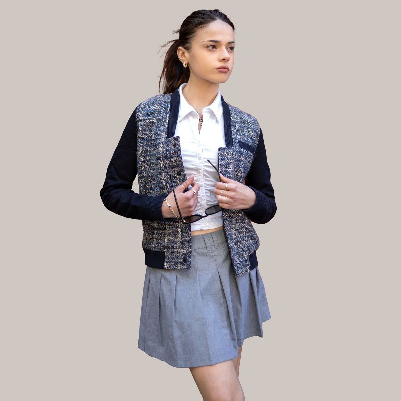 Members Only Women's Updated Tweed Varsity Jacket with Contrast Sleeve, 1 of 6