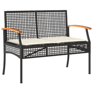 vidaXL Patio Bench with Cushion Outdoor Seating Loveseat Poly Rattan Acacia Wood - Black - 1 of 4