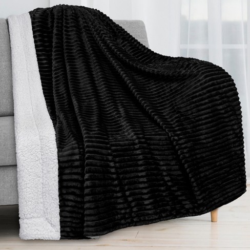 PAVILIA Soft Thick Fleece Flannel Ribbed Striped Throw Blanket Luxury Fuzzy Plush Warm Cozy for Sofa Couch Bed Black Throw 50x60