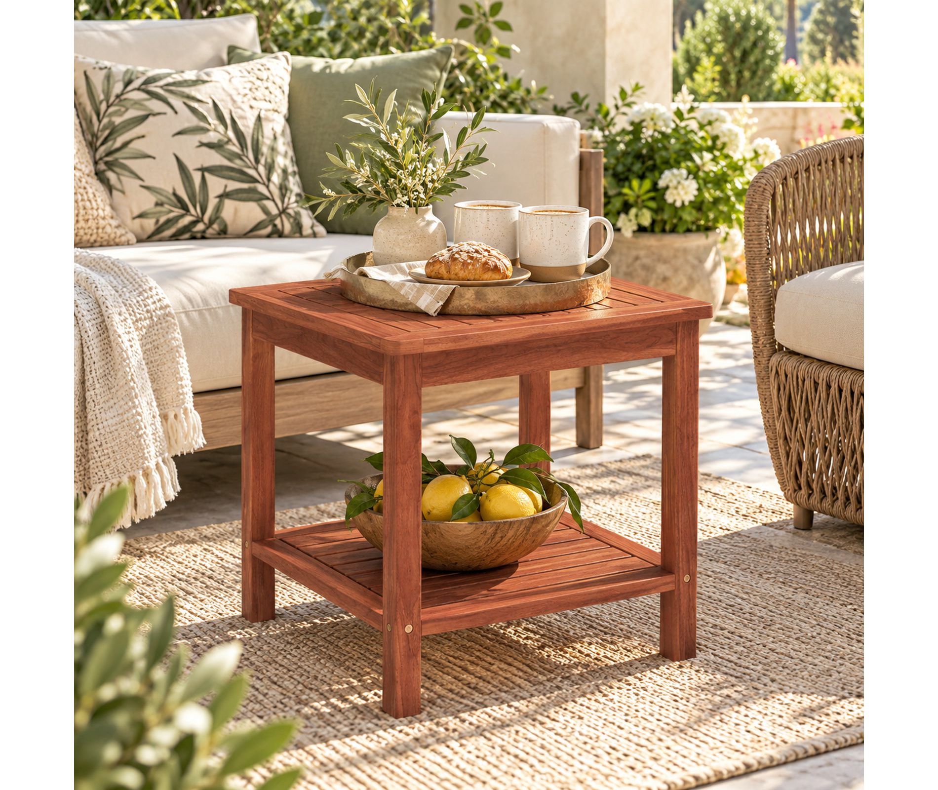 Acacia Wood Outdoor Side Table with Slatted Tabletop and Double-Tier Shelf