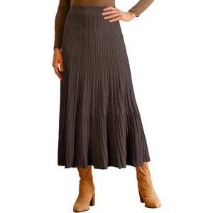 Women's Wool Blend A-Line Long Skirt with Wide Elastic Waistband & Flow Pleats Coffee - 1 of 4