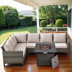 Buenhomino 4 Pieces Outdoor Patio Furniture Set with 30" 50000BTU Fire Pit Table, Rattan Patio Sectional Sofa Conversation Set with Propane Fire Pit - 1 of 4