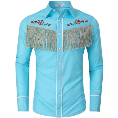 Men's Western Cowboy Fringe Shirt Long Sleeve Rose Embroidered Slim Fit Button Down Shirt