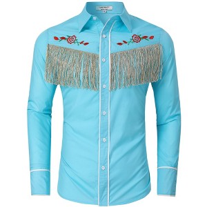 Men's Western Cowboy Fringe Shirt Long Sleeve Rose Embroidered Slim Fit Button Down Shirt - 1 of 4