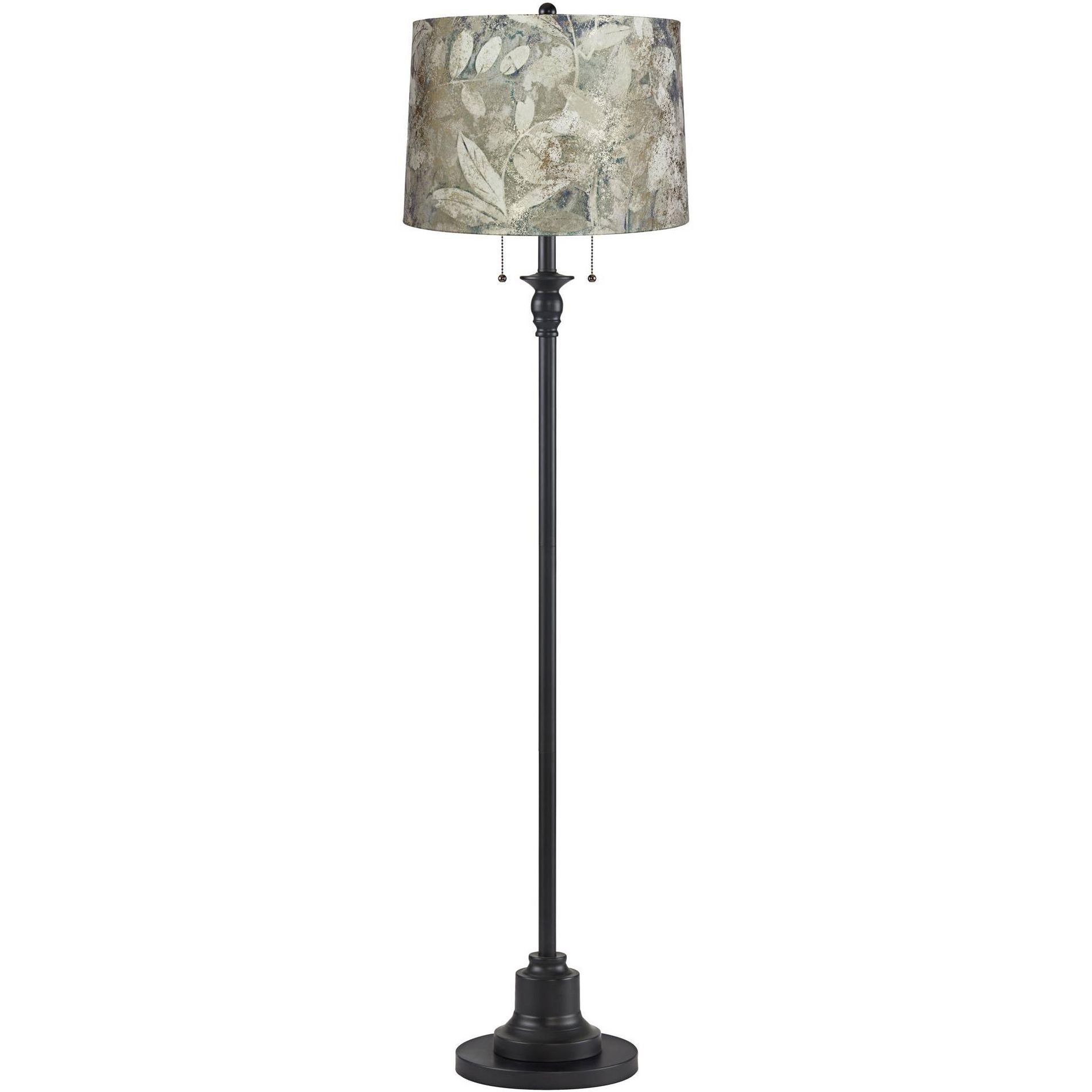 360 Lighting Dyna Traditional 58" Tall 2-Light Standing Floor Lamp Skinny Pole Pull Chain Black Finish Living Room Bedroom Velvet Botanical Shade