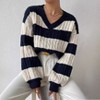 Coolmee Women's Cable Knit Sweaters Contrast Color Block Striped Sweaters Casual V Neck Long Sleeve Ribbed Cuff Loose Fit Pullover Tops L Blue - 2 of 4
