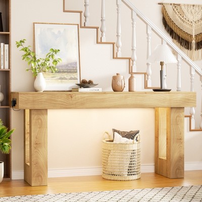 Aheaplus 63'' Farmhouse Console Table with Power Outlets and Light, Wood Narrow Entryway Table
