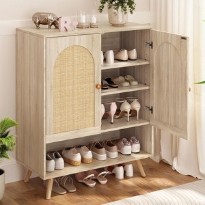 Rattan Shoe Cabinet with Doors, 4-Tier Shoe Storage Cabinet for Entryway, Shoe Rack Organizer Cabinet with Woven Rattan Doors and Adjustable Shelves - 1 of 4