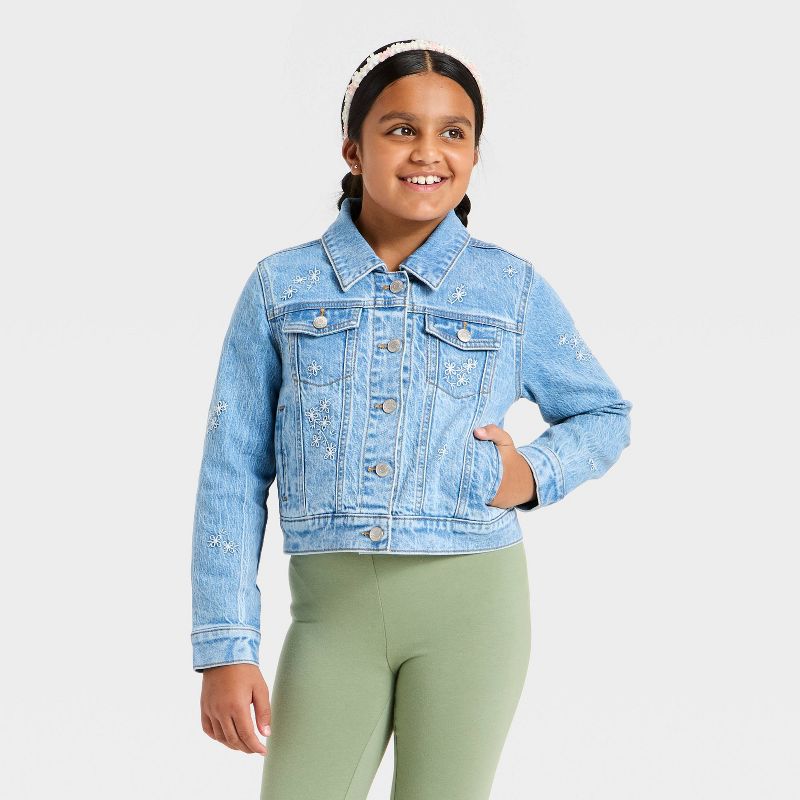 Girls' Floral Embroidered Denim Jacket- Cat & Jack™ Medium Wash XS