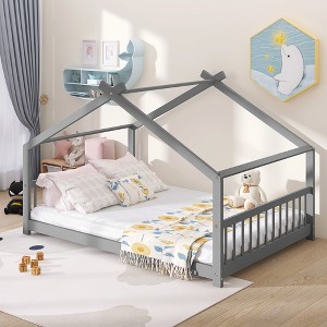 Full Size Wood House Bed with Roof - 1 of 4