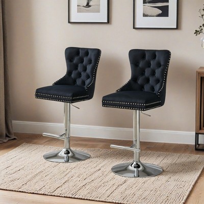 Thick Chrome Swivel Velvet Barstools,Adjustable 25-33"Height,Modern Upholstered with17.7" Base,Tufted Buttons&Diamond Pleating - Leovsnove