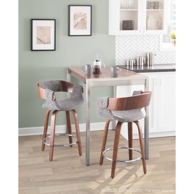Elisa 33" Gray and Walnut Mid-Century Modern Swivel Counter Stool